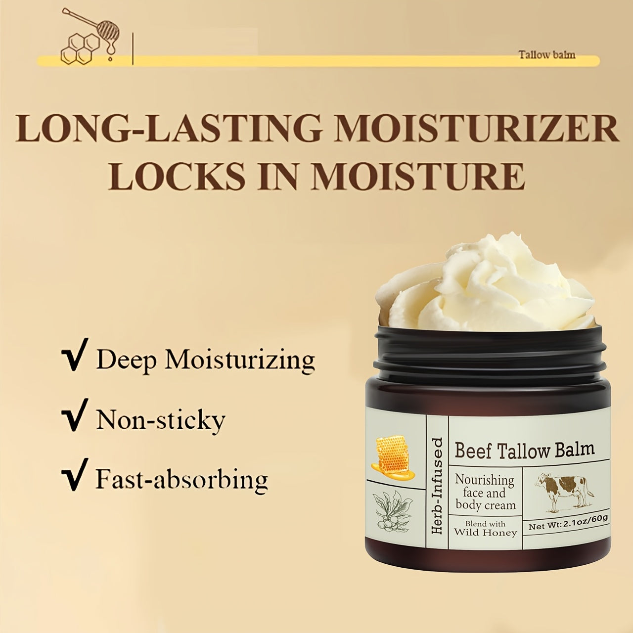 Grass-Fed Beef Tallow Balm - Unscented, All-Purpose Moisturizer with Olive Oil & Vitamin E for Dry Skin Care